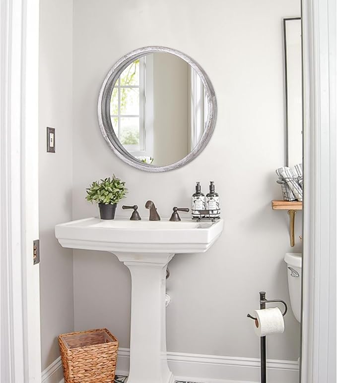 JJUUYOU Circle Wall Mirror 16 Inch Round Wall Mirror for Bathroom, Rustic White Farmhouse Mirror Washroom Wall Mounted Wood Frame Mirror for Living Room, Bedroom, Dorm