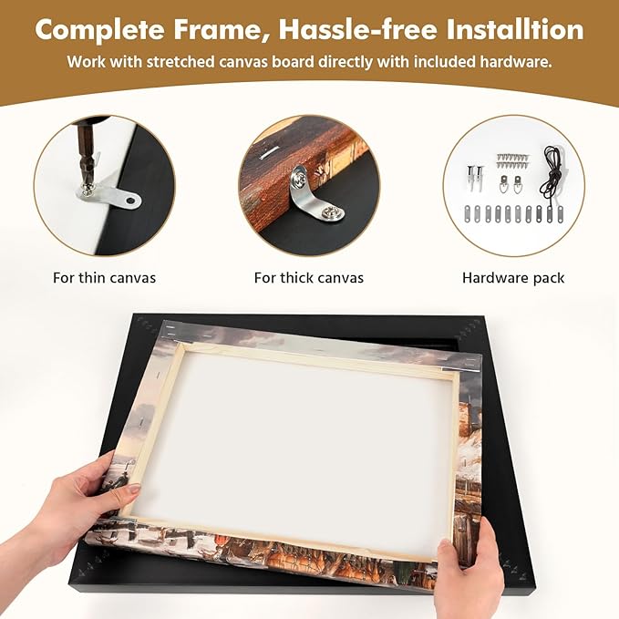Canvas Frame for 5x7 Art Prints Oil Paintings, 1.7" Wide Minimalist Open Back Wall Picture Frames for Landscape Family Animal Memorial Portraits, No Cover & Back (Black Gold)