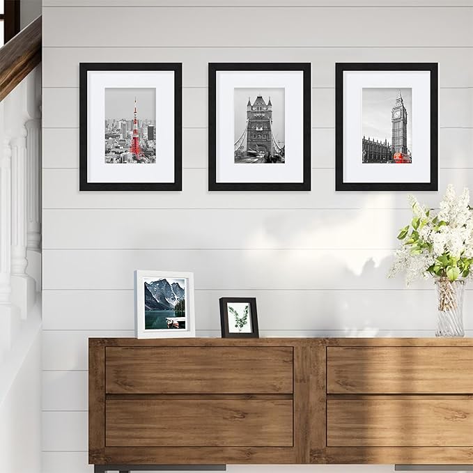 Hongkee 8x10 Black Picture Frames set of 3, Made of Wooden and Glass Photo frame - Displays Picture 5x7 with Mat or 8 x 10 without Mat, Desktop & Wall Collage Frame set