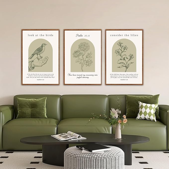 KAlRNE Sage Green Bible Verse Wall Art Set of 3, Framed Vintage Scripture Prints, Religious Birds and Lilies Decor, Green Christian Gallery Artwork for Living Room Bedroom Office