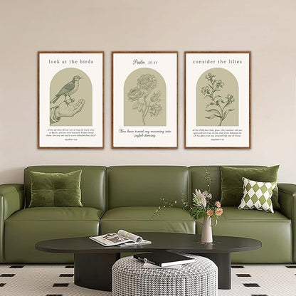 KAlRNE Sage Green Bible Verse Wall Art Set of 3, Framed Vintage Scripture Prints, Religious Birds and Lilies Decor, Green Christian Gallery Artwork for Living Room Bedroom Office