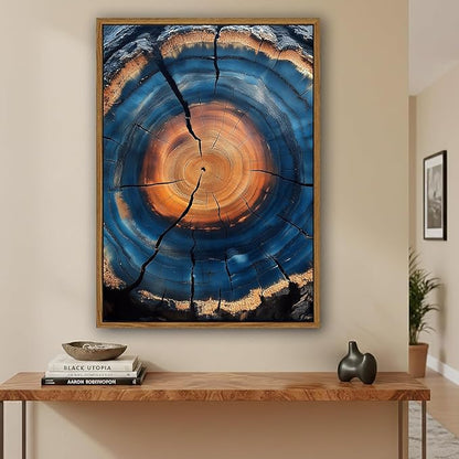 IBHJSART Framed Tree Ring Canvas Wall Art Blue Wall Art Wood Stump Painting Prints Modern Minimalist Pictures Neutral Nature Rustic Farmhouse Decor Living Room Bedroom Bathroom Office