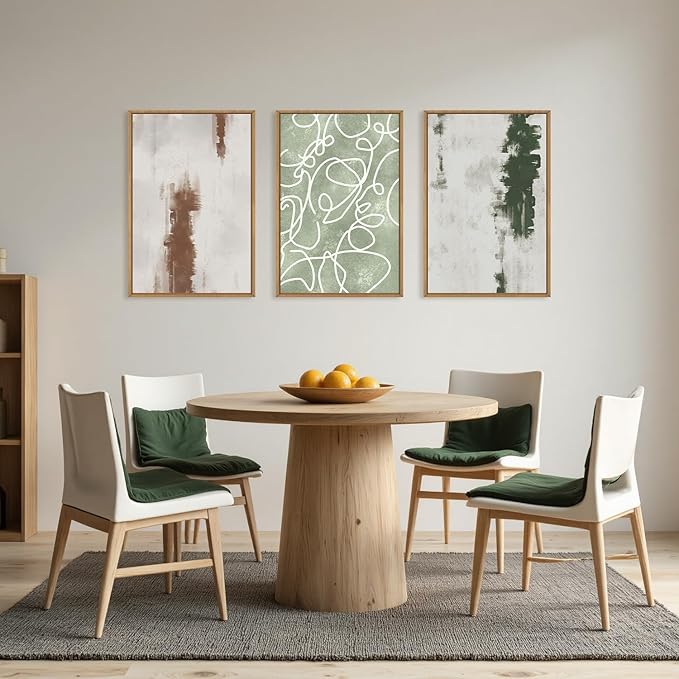 Large Abstract Green Brown Geometric Framed Canvas Wall Art Set,Minimalist Neutral Brush Stroke Wall Decor,Modern Watercolor White Curved Lines Artwork for Living Room,Bedroom,Office-16 x24 x3
