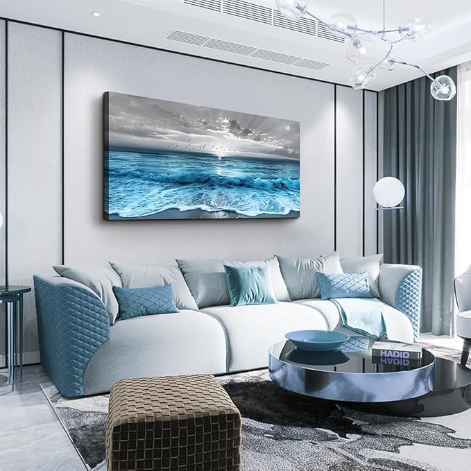 ERQINHUA Wall Decor For Living Room Canvas Wall Art For Bedroom Office Decorations Blue Sea Wave Ocean Paintings Beach Wall Pictures Canvas Artworks Modern Home Decor Mural Ready To Hang 20"X40"