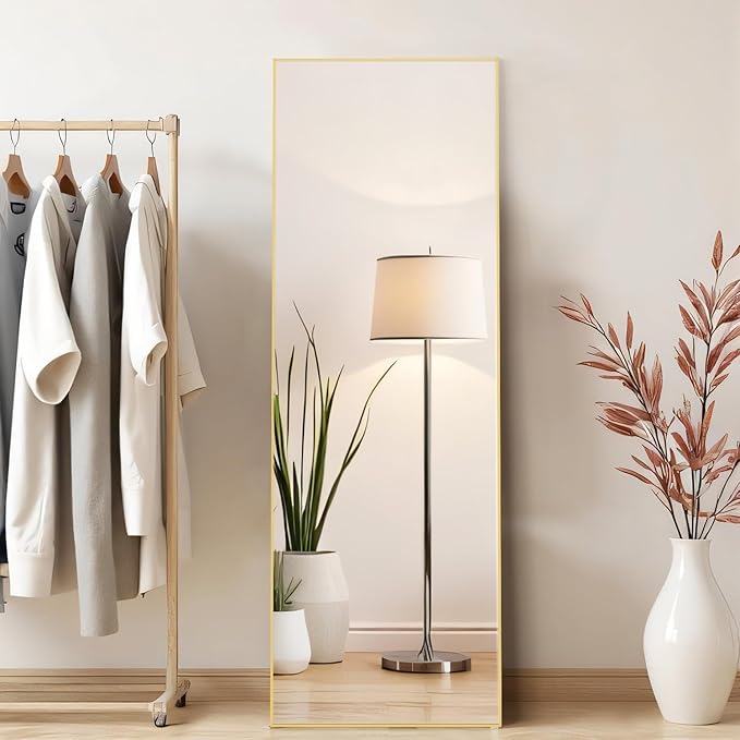 Full Length Floor Mirror, 15.75"x59" Full Body Standing Mirrors with Shatter-Proof Glass, Floor or Wall Mount, Hanging or Leaning, Aluminum Alloy Frame for Home Decor, Gold