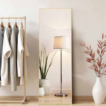 Full Length Floor Mirror, 15.75"x59" Full Body Standing Mirrors with Shatter-Proof Glass, Floor or Wall Mount, Hanging or Leaning, Aluminum Alloy Frame for Home Decor, Gold