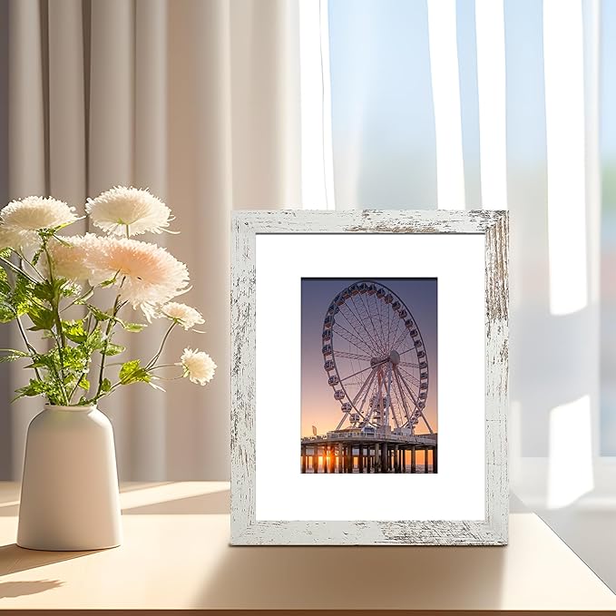 BESCRCL 8x10 Picture Frame Distressed White Set of 6, Display Pictures 5x7 with Mat or 8x10 Without Mat for Wall Mounting or TableTop
