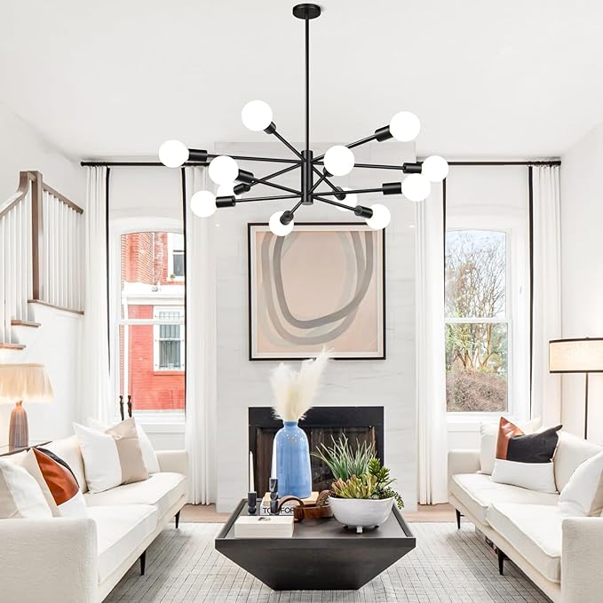 10.9"-52.3" Height Adjustable Modern Chandelier Ceiling Light Fixture, 12-Light Sputnik Chandeliers Matte Black Mid Century Chandelier Over Table, Chandeliers for Dining Room (Bulbs Not Included)