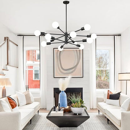 10.9"-52.3" Height Adjustable Modern Chandelier Ceiling Light Fixture, 12-Light Sputnik Chandeliers Matte Black Mid Century Chandelier Over Table, Chandeliers for Dining Room (Bulbs Not Included)