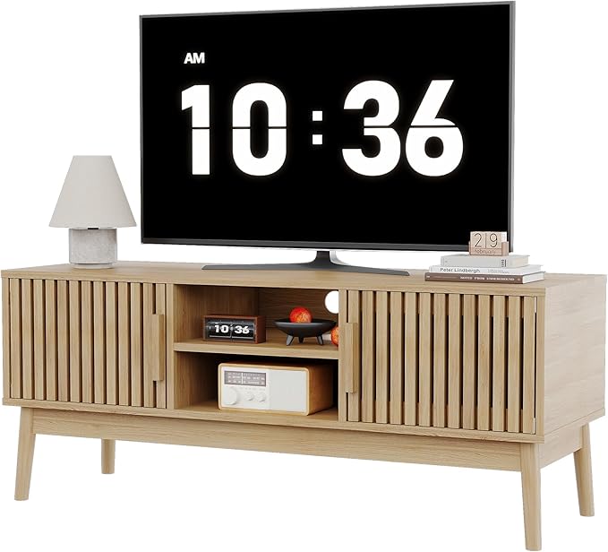 GarveeHome Boho TV Stand for TVs Up to 50 Inch, Modern Mid-Century Entertainment Center with Fluted Wood Doors & Open Shelves, Media Console Table for Living Room & Small Spaces