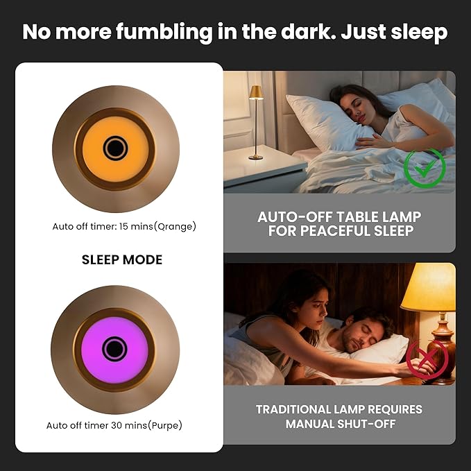 Timjorman RGB Palm-Sized Cordless Table Lamp, Rechargeable Touch Metal Bedside Lamp, 3 Brightness 3000K Warm Light, Small Table Lamp for Bedroom, Restaurant, Patio, Camping (Antique Brass&Black 1PACK)