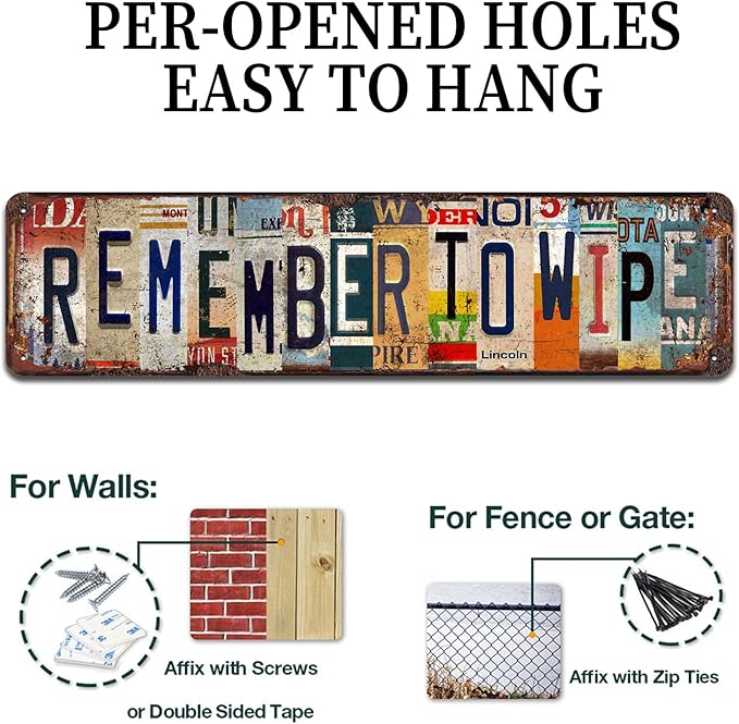 Remember to Wipe Vintage Metal Tin Sign - Rustic Humorous Bathroom Wall Art for Home, Garage, Workshop, Farmhouse Décor - 4x16 Inch