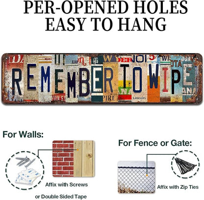 Remember to Wipe Vintage Metal Tin Sign - Rustic Humorous Bathroom Wall Art for Home, Garage, Workshop, Farmhouse Décor - 4x16 Inch
