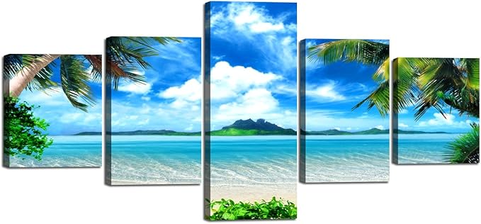 Beautiful Sky Palm Beach Paintings Modern Landscape 5 Panels Combination Set Wall Art Canvas Pictures for Home Decor Living Room Bedroom Posters and Prints Gallery-wrapped Stretched (50''W x 24''H)