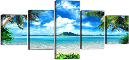 Beautiful Sky Palm Beach Paintings Modern Landscape 5 Panels Combination Set Wall Art Canvas Pictures for Home Decor Living Room Bedroom Posters and Prints Gallery-wrapped Stretched (50''W x 24''H)