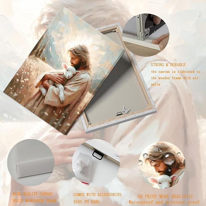 Jesus and Lamb Canvas Wall Art Christian Jesus the Good Shepherd Painting picture Wall Decor religion Bible Stories Poster print Artwork for Church LDS bedroom Living Home Decor 24x36in Canvas