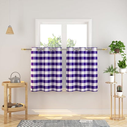 3 Pieces Tier Curtains and Valance Set Buffalo Check Kitchen Tiers Plaid Gingham Grommet Top Classic Short Small Cafe Curtains Country Farmhouse Cafe Bathroom 54"x18"/32"x24" Purple & White