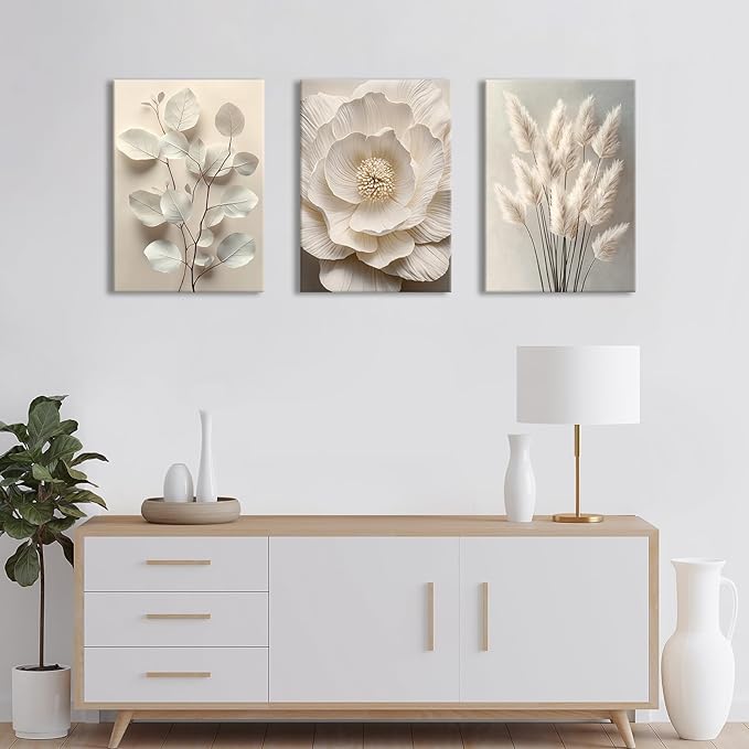 3Pcs Beige Floral Botanical Frame Canvas Wall Art, Neutral Textured Flower Plant Wall Painting Picture Wall Decor Vintage Blossom Posters Prints for Bedroom Living Room Reay to Hang 20"x28"x3Pcs