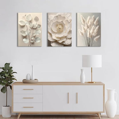 3Pcs Beige Floral Botanical Frame Canvas Wall Art, Neutral Textured Flower Plant Wall Painting Picture Wall Decor Vintage Blossom Posters Prints for Bedroom Living Room Reay to Hang 20"x28"x3Pcs