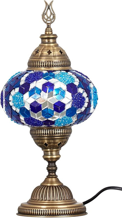 DEMMEX – 7" Large Globe Turkish Moroccan Mosaic Table Lamp, Handcrafted Tiffany-Style Colorful Glass Bedside, Desk & Table Light, Artisan Decor for Living Room or Bedroom, 14" H (Blue)