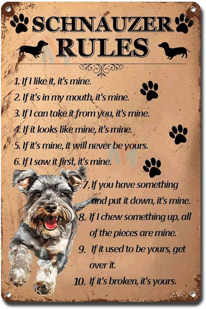 Metal Sign Tin Sign Vintage Wall Art Schnauzer Rules Tin Sign Paper for Bar 8×12 Inches