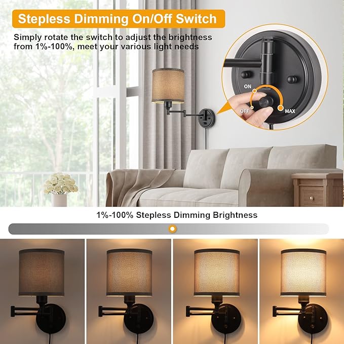 GOODATE Dimmable Plug in Wall Sconces, Swing Arm Wall Lamp, Wall Sconces Set of Two, Plug in Wall Light, Sconces Wall Decor Set of 2, Grey Fabric Shade, 2pcs Bulbs Included