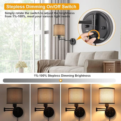 GOODATE Dimmable Plug in Wall Sconces, Swing Arm Wall Lamp, Wall Sconces Set of Two, Plug in Wall Light, Sconces Wall Decor Set of 2, Grey Fabric Shade, 2pcs Bulbs Included