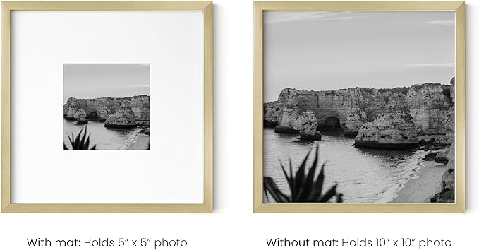 HAUS AND HUES 10x10 Gold Metal Picture Frames Matted to 5x5 - Premium Aluminum with Hanging Hardware, Shatterproof Plexiglass - Ideal for Home or Office (10x10 in, Gold, Set of 6)