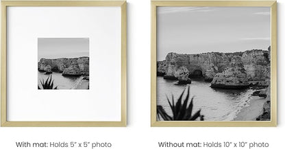 HAUS AND HUES 10x10 Gold Metal Picture Frames Matted to 5x5 - Features Premium Aluminum & Hanging Hardware, Shatterproof Plexiglass - Ideal for Home, Room, Office (10x10 in, Gold, Set of 3)