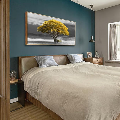 hyidecorart Framed Canvas Wall Art, 30x60in Yellow Trees, Living Room Wall Decor, Natural Wood Frames