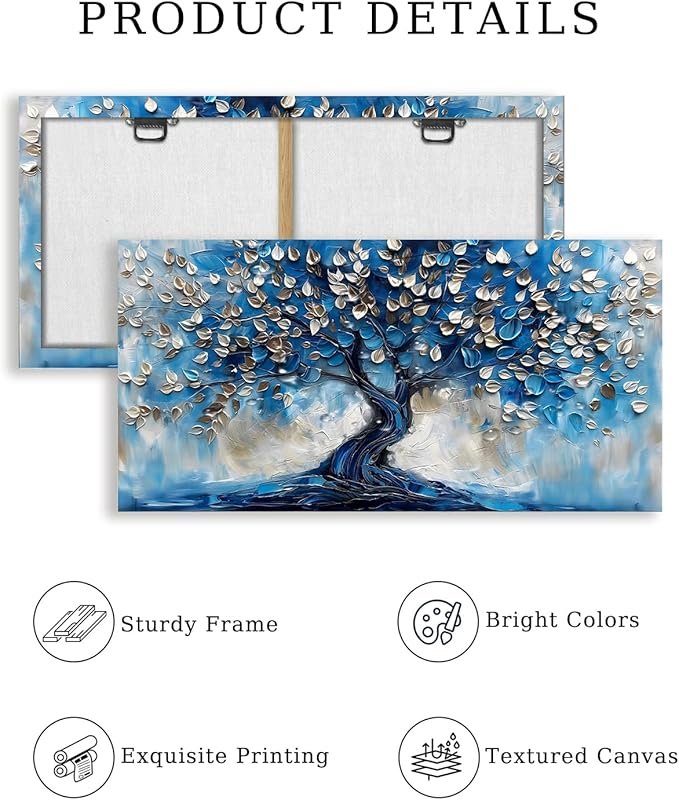 crmotu Tree of Life Large Wall Art for Living Room, Blue Tree Canvas Decor Paintings Abstract Art Prints, Neutral Navy Blue Pictures Wall Decor for Bedroom Bathroom Office Modern Home Decor 24"X48"