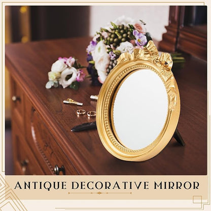 Threehoney 2 Pack Portable Small Vintage Gold Bow Mirror 6" Round Vintage Makeup Desk Mirror for Bedroom, Bathroom, Table Decoration