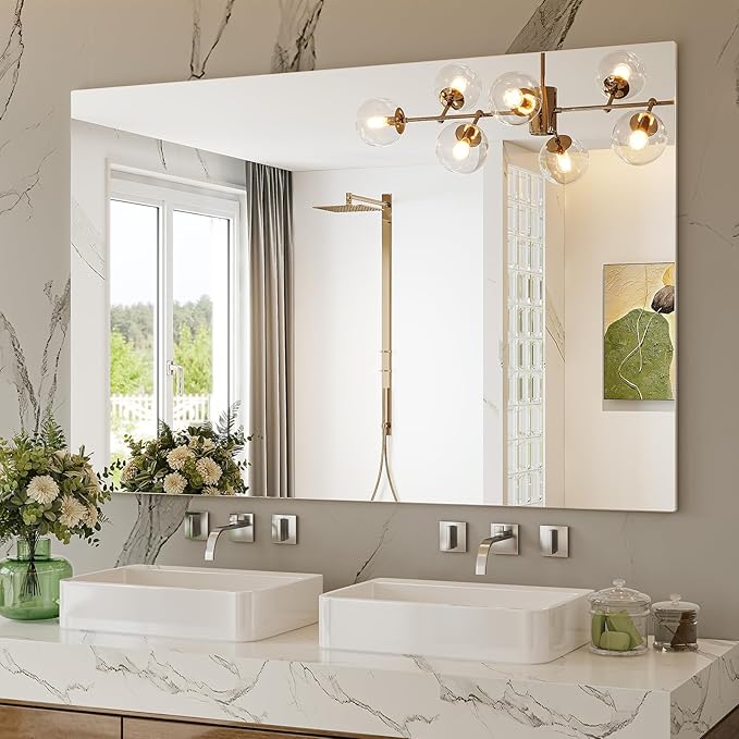 Frameless Mirror, 55" x 36" Frameless Bathroom Mirror, Large Vanity Wall Mirrors Home Gym Tempered Glass Mirror for Over Sink, Yoga Studio, Bedroom, Living Room