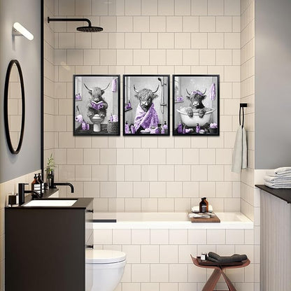sechars Highland Cow Bathroom Wall Art 3 Piece Funny Bathroom Pictures Canvas Print Grey and Purple Decor (Purple)