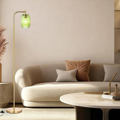 Vintage Glass Floor Lamp for Living Room, Bedroom, Modern Green Ribbed Glass Standing Lamp with Pedal Switch, 67'' Tall, Brushed Gold