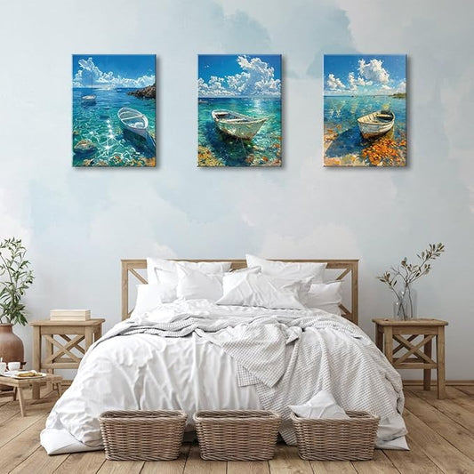 Ocean Seascape Wall Art Nautical Boat on Beach Canvas Picture Framed Art for Wall Beach Blue Paintings Modern Posters Pictures Artwork for Bathroom Living Room Home Decor 16"x24"x3