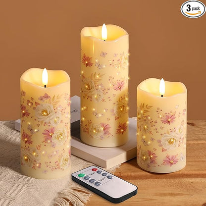 Eywamage Fiber Optic Flameless Pillar Candles with Remote, Floral Butterfly Spring LED Candles Flickering Home Decor Gift Set of 3