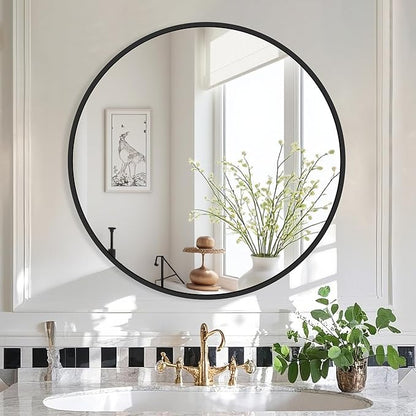 Black Round Mirror 22 Inch, Circle Wall Mirrors with Metal Frame, Wall Mounted Circular Mirror for Bathroom, Vanity, Entryway, Living Room, Hallway, Wall Decor