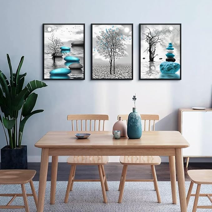Large Black Framed Wall Art for Living Room Wall Decor for Office Bedroom Wall Decoration Blue Abstract Pictures Black and White Paintings Modern Room Aesthetic Home Decor 3 Piece Art Prints
