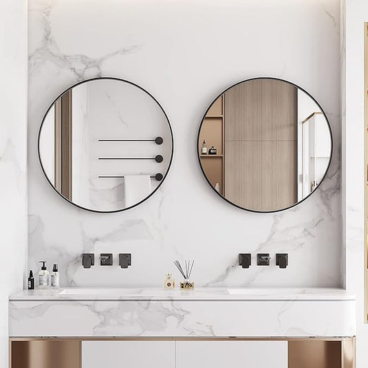 Itrue 24 Inch Round Wall Mirror, Brushed Black Metal Framed Circle Bathroom Mirror, Silver-Backed HD Tempered Glass Vanity Mirror for Over Sink, Living Room, Entryway, Hallway