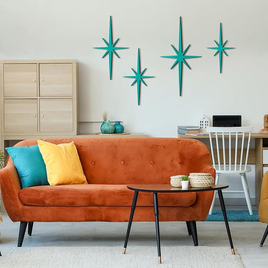 Blulu 4 Pcs Cast Iron Starburst Shaped Wall Decor Metal Mid Century Modern Decor Retro Atomic Stars Wall Art Elegance Accents Vintage Celestial Whimsigoth Hangings for Home Office Room(Mint)