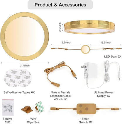 6pack LED Puck Light Kit, 2700-6000K Smart Round Under Cabinet Lighting with APP Control, Compatible with Alexa, Google Assistant, for Under Counter, Kitchen (Gold)