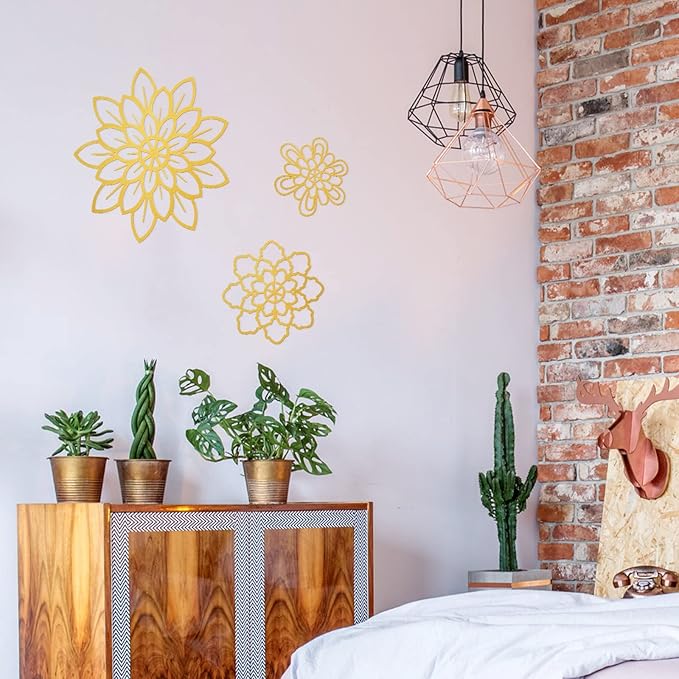 Moxweyeni 3 Pieces Metal Flowers Wall Decoration, Metal Rustic Wall Art Farmhouse Multiple Floral Hanging Decoration for Bathroom Living Room Kitchen Garden Office(Gold)