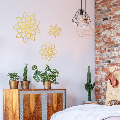 Moxweyeni 3 Pieces Metal Flowers Wall Decoration, Metal Rustic Wall Art Farmhouse Multiple Floral Hanging Decoration for Bathroom Living Room Kitchen Garden Office(Gold)