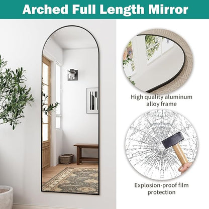 57"x20" Arched Full Length Mirror, Full Floor Mirror with Stand, Large Full Body Mirror, Wall Mirrors for Bedroom Living Room, Aluminum Frame (Black)