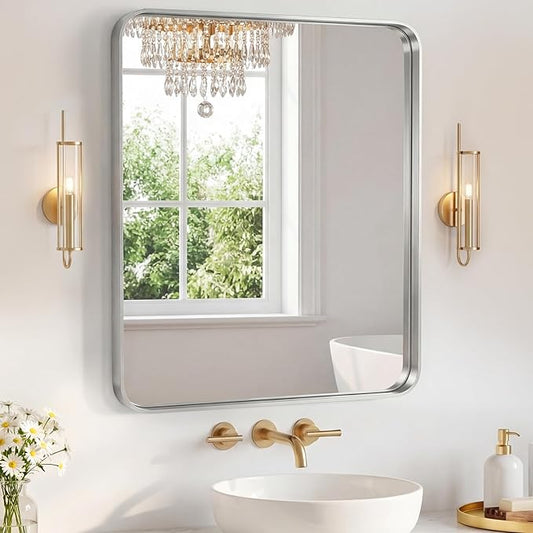 NEWBULIG 28X32 Inch Bathroom Mirror for Over Sink, Wall Vanity Mirrors Tempered Glass, Anti-Rust Metal Framed Rounded Rectangle, Hangs Horizontally or Vertically, Farmhouse Home Decor, Silvery