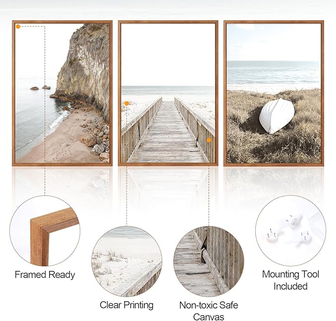 Aurlan Neutral Beach Coastal Framed Wall Art(16"x24"), 3PCS Boho Ocean Shore Waves Bridge Pathway Boardwalk Sailboat Canvas Artwork, Large Abstract Modern Seaside Seascape Landscape Nautical Decor for Bedroom Living Room
