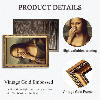 WZGZXU Vintage Gold Framed Wall Art Monalisa Holding Her Nose Wall Decor Monalisa Bathroom Canvas Art Funny Toilet Pictures Humor Imitation Paintings Ptints For Toilets Bathroom