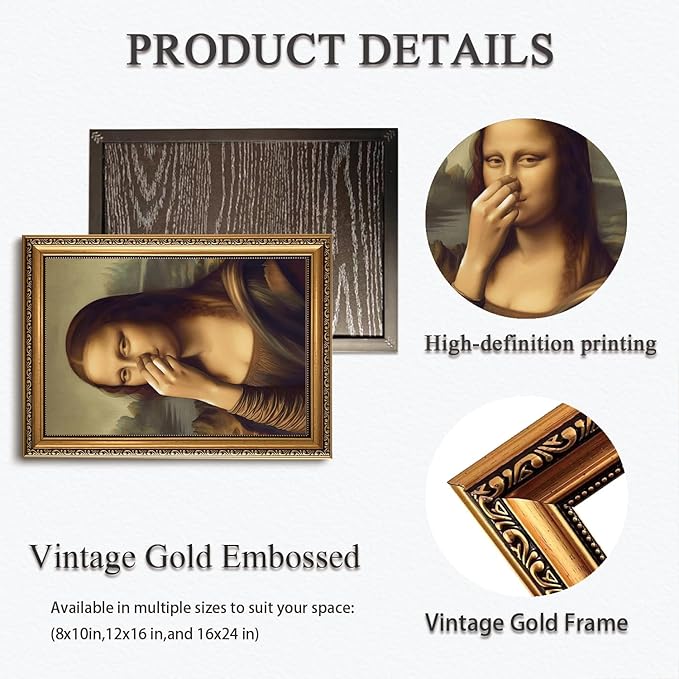 WZGZXU Vintage Gold Framed Wall Art Monalisa Holding Her Nose Wall Decor Monalisa Bathroom Canvas Art Funny Toilet Pictures Humor Imitation Paintings Ptints For Toilets Bathroom