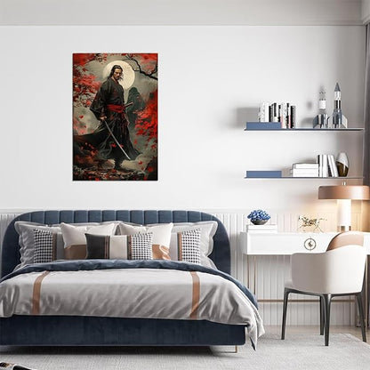Japanese Samurai Wall Art Black and Red Warrior Wall Decor Warrior Figure Pictures Bushido Posters Canvas Prints Artwork Framed for Living Room Bathroom Bedroom Office (28''W x 44''H)